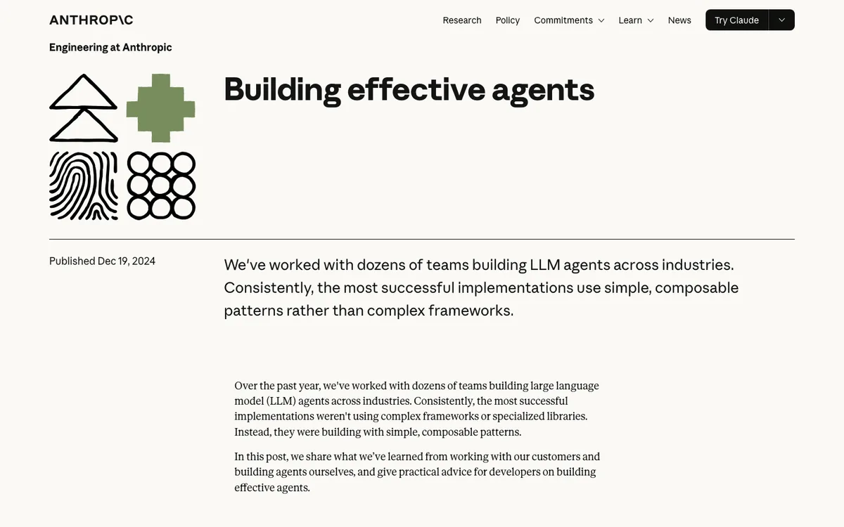 Anthropic公式ブログ「Building effective agents」のトップページ。ワークフローとエージェントの違いを解説する記事の冒頭部分