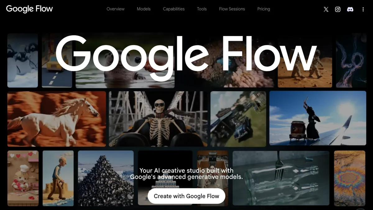Google Flow公式サイトのトップページ。Google Veoなど生成AIモデルを使ったAI動画制作スタジオとして紹介されている