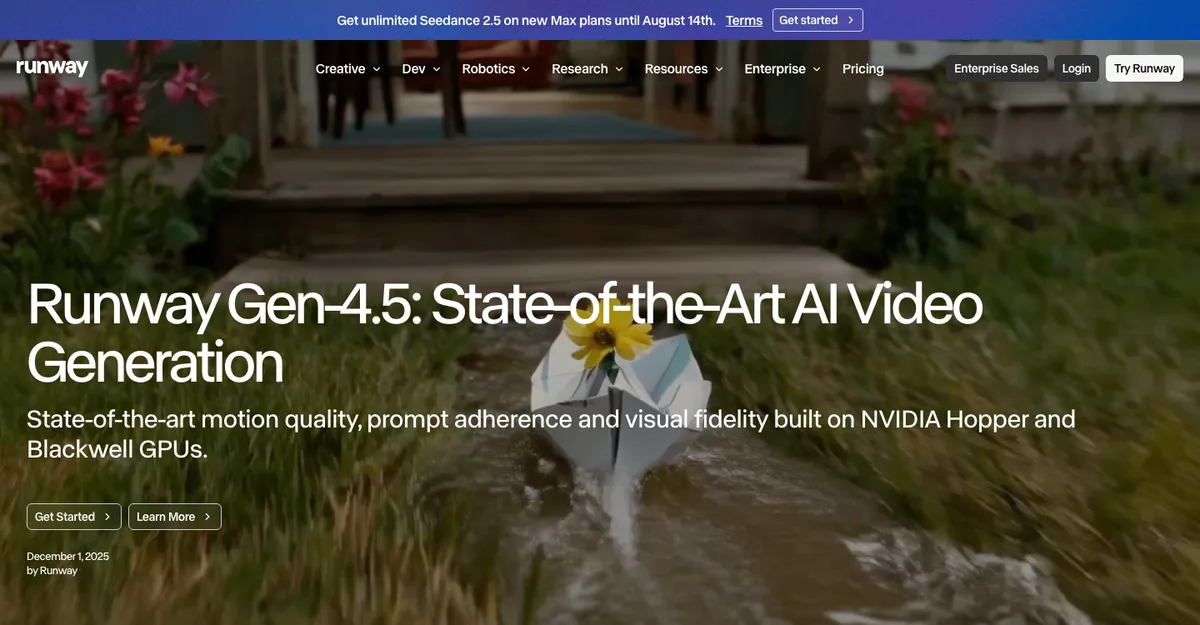 Runway公式サイトのGen-4.5発表ページ。State-of-the-Art AI Video Generationとして紹介されている
