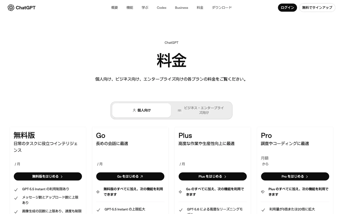 ChatGPT公式サイトの料金ページ(個人向けプラン一覧)のスクリーンショット