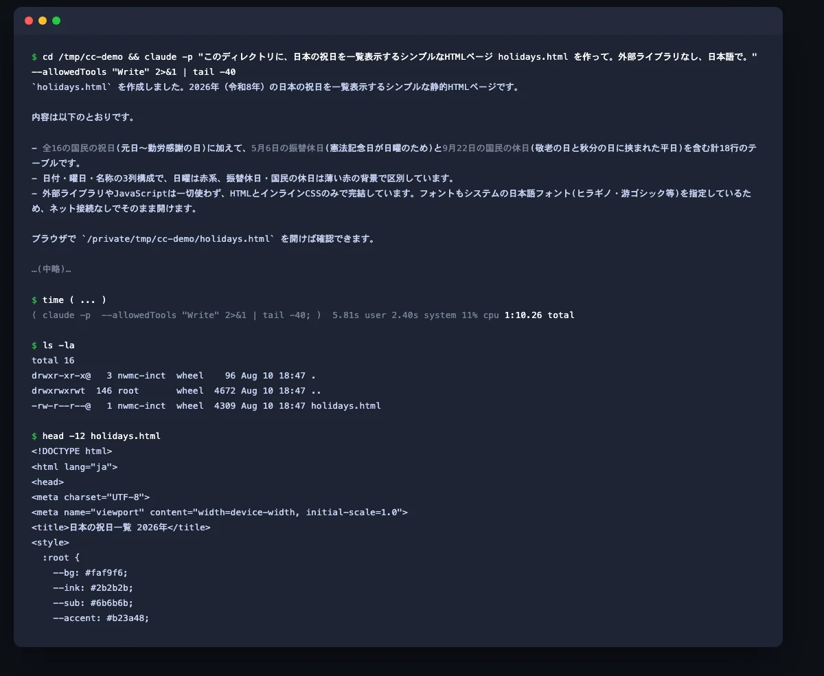 ターミナルでclaude -pコマンドを非対話モードで実行し、日本の祝日一覧HTMLページの生成を依頼した実際の画面。生成完了後のls・head出力もあわせて表示