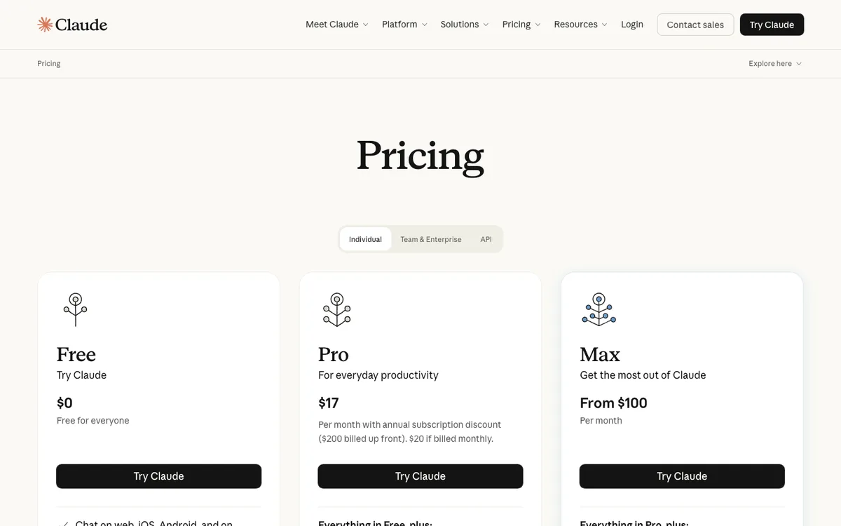 claude.com/pricingの料金プランページ。Individualタブに Free・Pro・Max の3つのプランカードが横に並んで表示されている