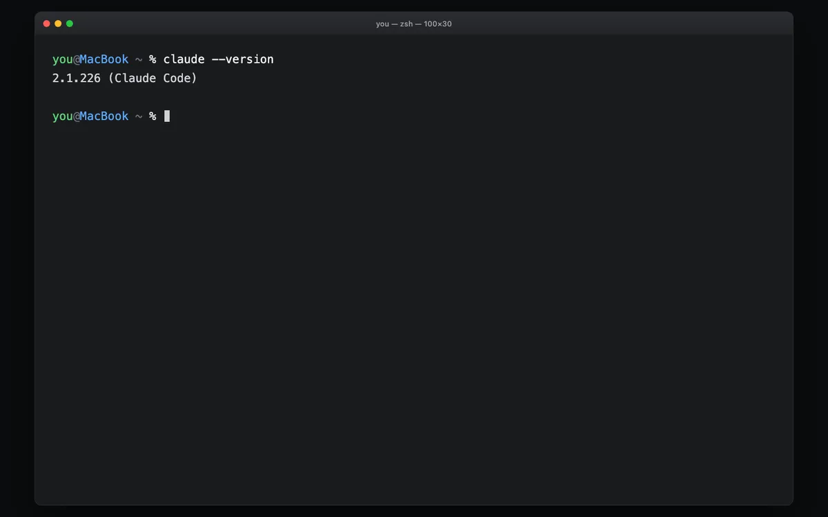 ターミナルでclaude --versionを実行し2.1.226 (Claude Code)と表示された実際の画面