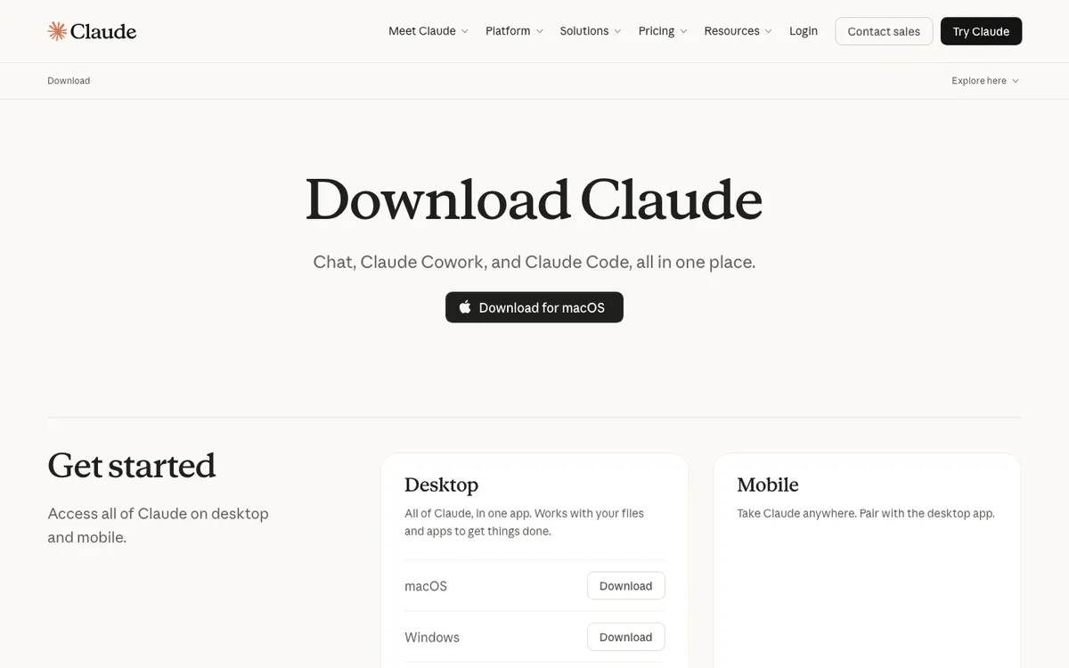 Claude公式サイトのダウンロードページ。macOS・Windows向けデスクトップアプリとモバイルアプリの入手導線が並ぶ画面