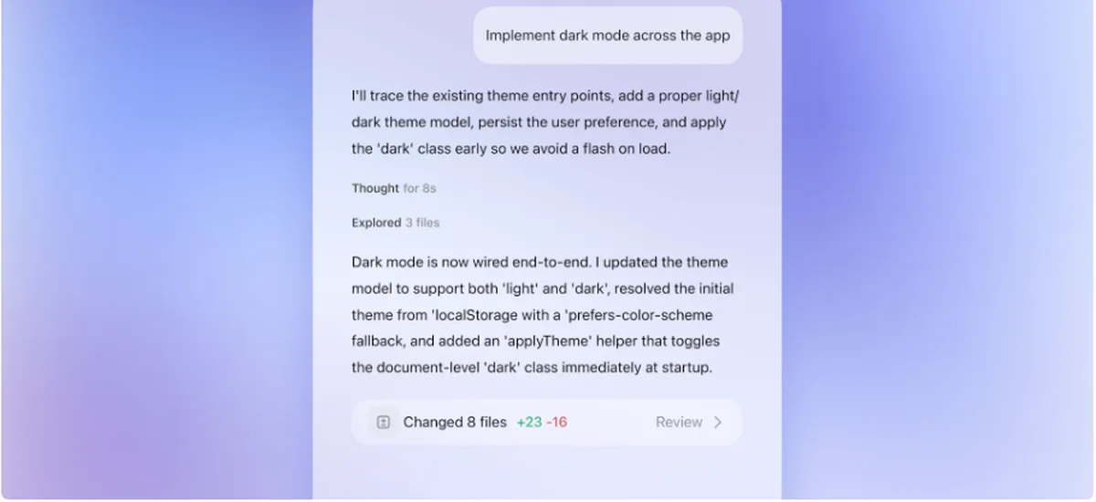 OpenAI Codexが「Implement dark mode across the app」というタスクを自律的に実行し、変更ファイル数と差分を提示する画面