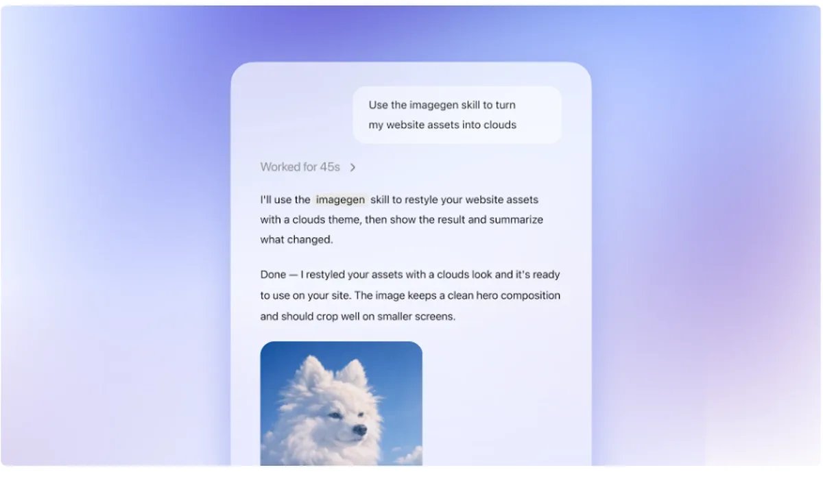 OpenAI CodexのSkills機能で「imagegen」スキルを使い、Webサイトの画像アセットを一括で変換する画面