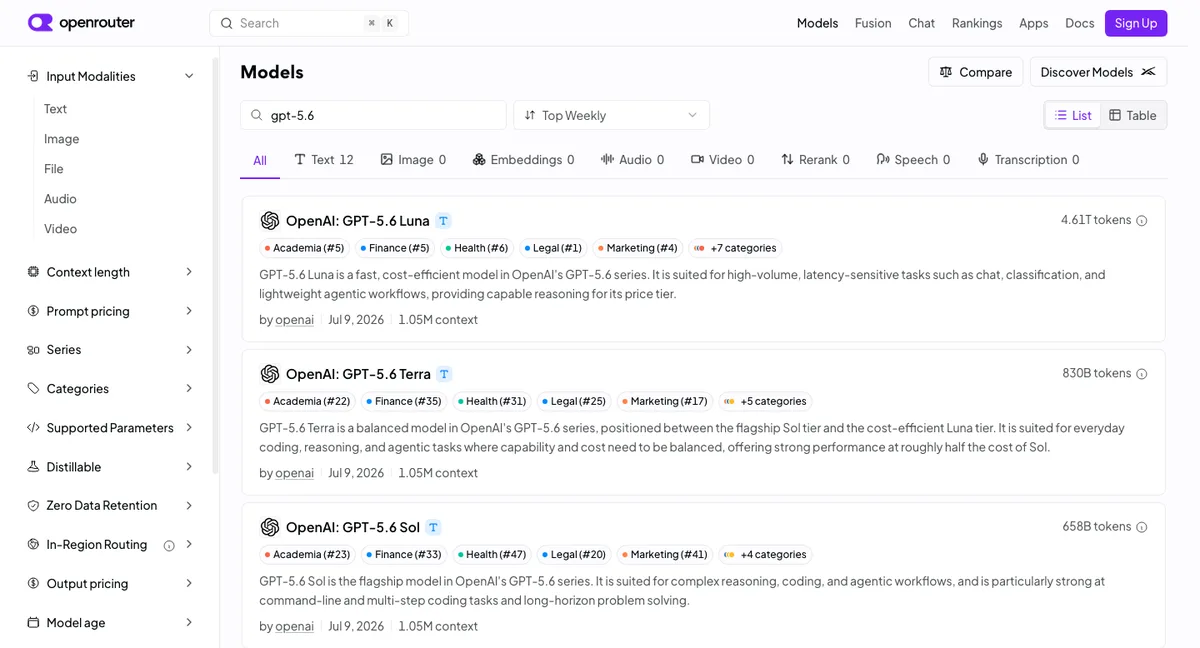 OpenRouterのモデル一覧に掲載されたGPT-5.6 Luna・Terra・Solの実際の画面