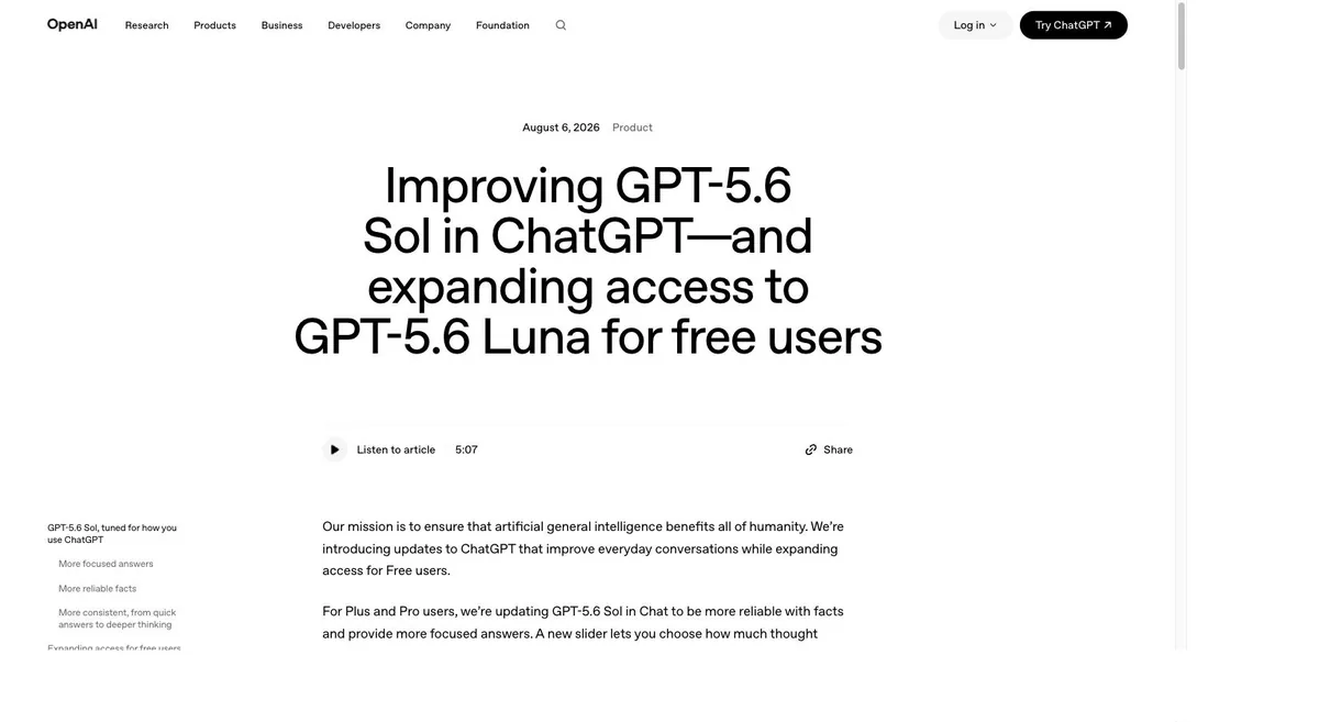 OpenAI公式ブログの発表記事「Improving GPT-5.6 Sol in ChatGPT—and expanding access to GPT-5.6 Luna for free users」(2026年8月6日)のトップ画面