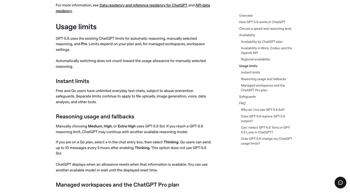 OpenAI公式ヘルプ「GPT-5.6 in ChatGPT」のUsage limitsセクション。無料・Goユーザーのテキストチャットが無制限である旨が記載されている