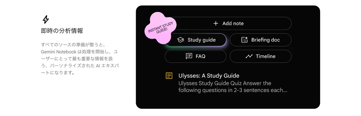 NotebookLMのStudioパネルで生成できるStudy guide・Briefing doc・FAQ・Timelineなどの出力形式イメージ